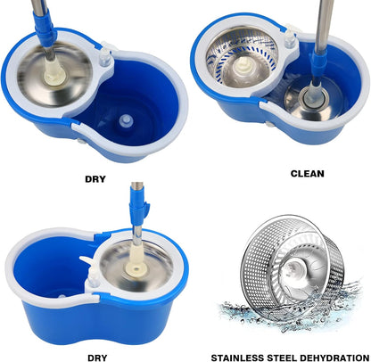 Mop and Bucket Set, 360° Spin Mop and Bucket with Wringer Set and 3 Microfiber Mop Refills, Stainless Steel 61" Extended Handle Spinning Mop Bucket System for Floor Cleaning