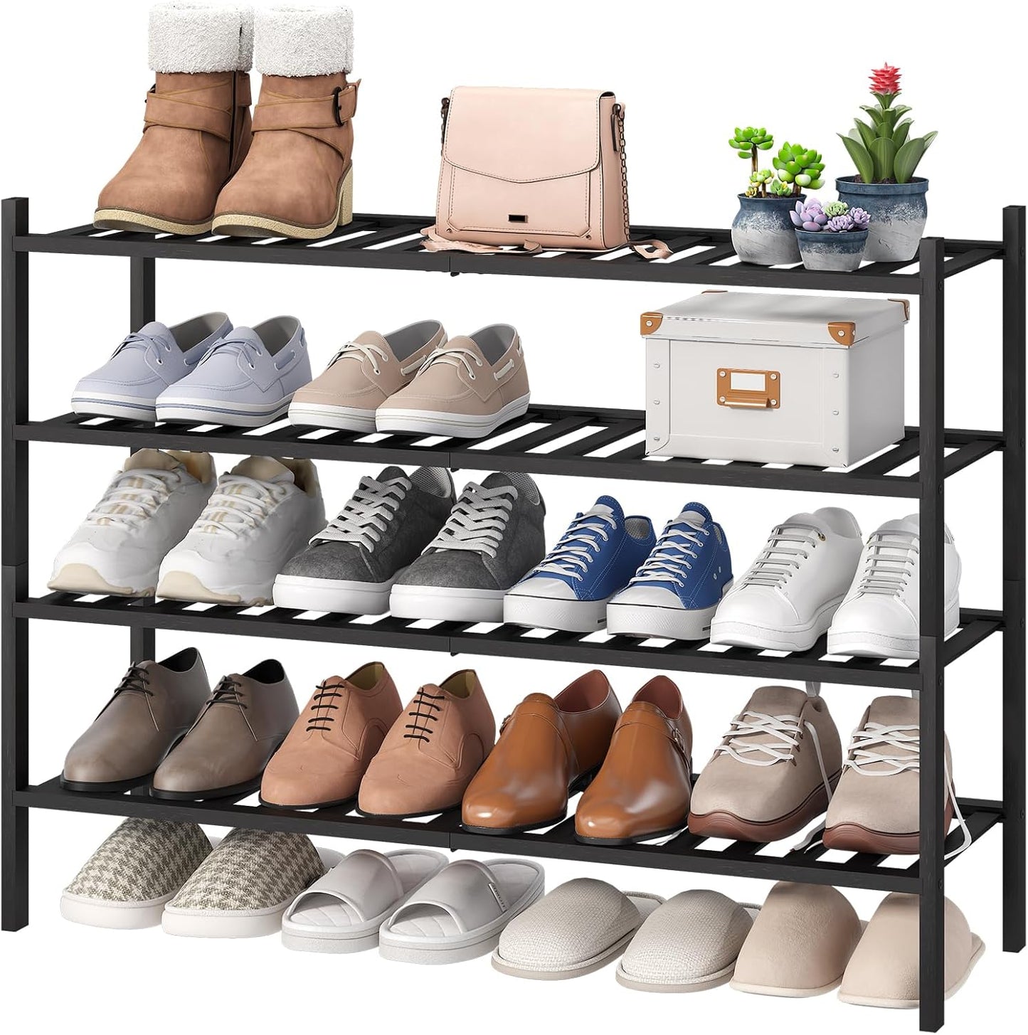 viewcare 3-Tier Black Bamboo Shoe Rack for Entryway, Stackable | Foldable | Natural, Shoe Shelf Storage Organizer for Hallway Closet, Free Standing Shoe Racks for Indoor Outdoor