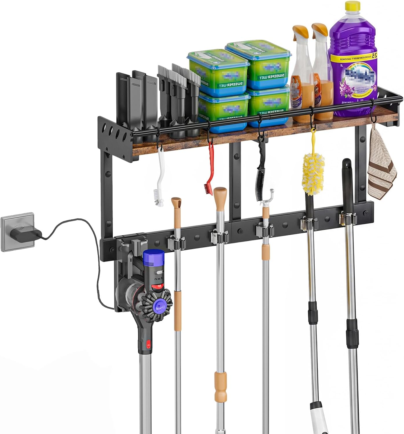 Broom Holder Wall Mount with Shelf,Broom Hanger,3 in 1 Broom and Mop Organizer Wall Hanging for Laundry,Garage,Utility,Broom Rack,Vacuum Stand Alternative,Cleaning Supplies Organizer Storage,White,L