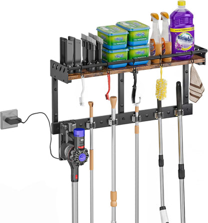 Broom Holder Wall Mount with Shelf,Broom Hanger,3 in 1 Broom and Mop Organizer Wall Hanging for Laundry,Garage,Utility,Broom Rack,Vacuum Stand Alternative,Cleaning Supplies Organizer Storage,White,L