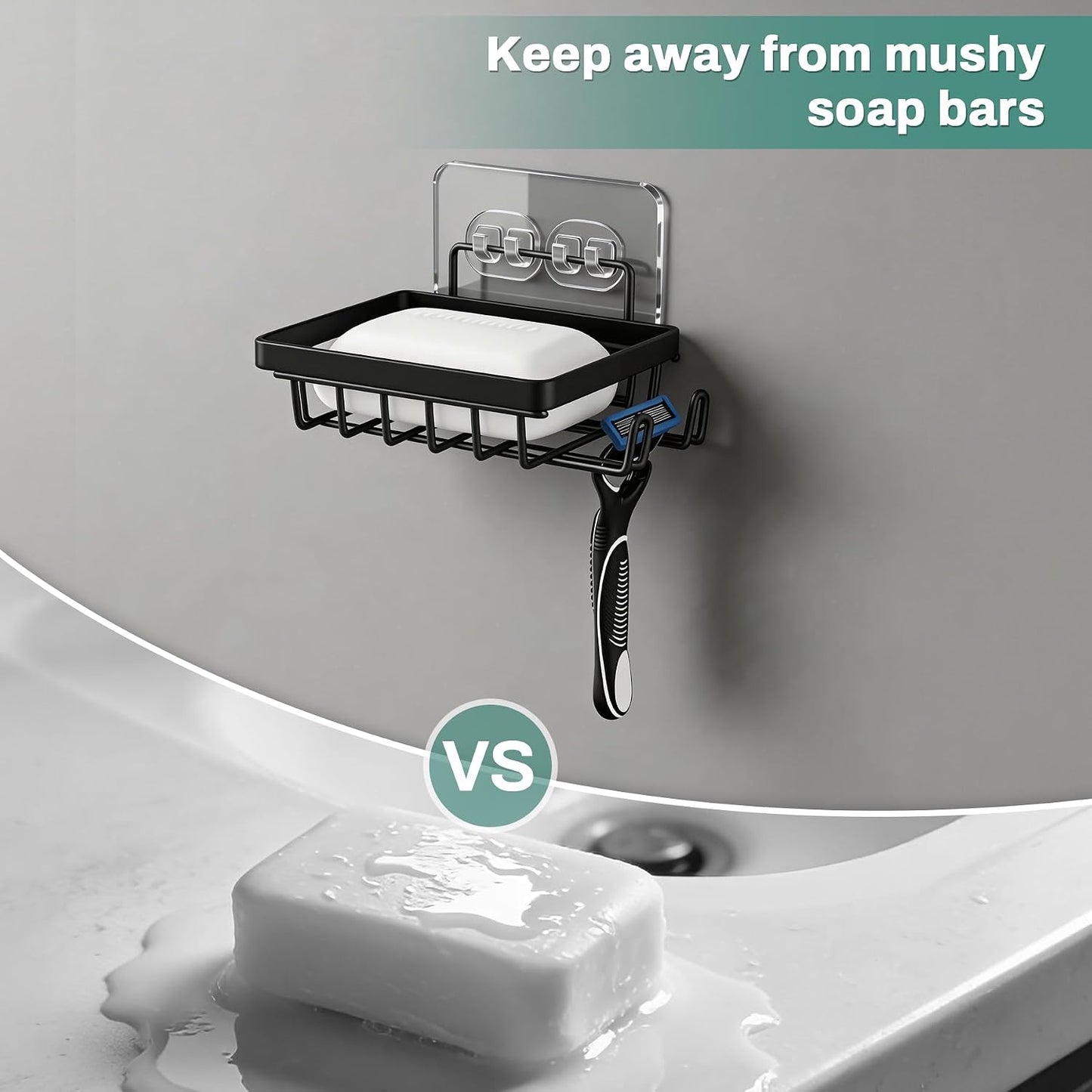Adhesive Soap Bar Holder for Shower Wall, Self Draining Soap Dish Container Caddy Saver with 2 Hooks for Razor Loofah, Shampoo Sponge Tray Case Box for Bathroom Kitchen Sink, Black