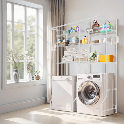 VEVOR Over Washer and Dryer Storage Shelves, 6 Tiers Laundry Room Drying Rack with Hanger Rod and Hooks, Two Rows Adjustable Washer Shelves Space Saver, for Laundry Room Storage & Organization, Black