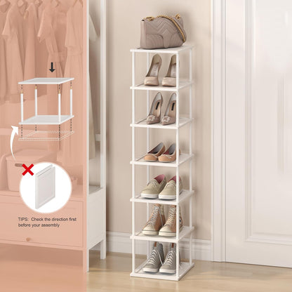 Vertical Tall Shoe Rack Organizer for Entryway -7 Tier Free Standing Slim Narrow Bamboo Wood Corner Stackable Shoe Boots Storage Stand Small Spaces for Closet Garage Cloakroom Living Room (Black)