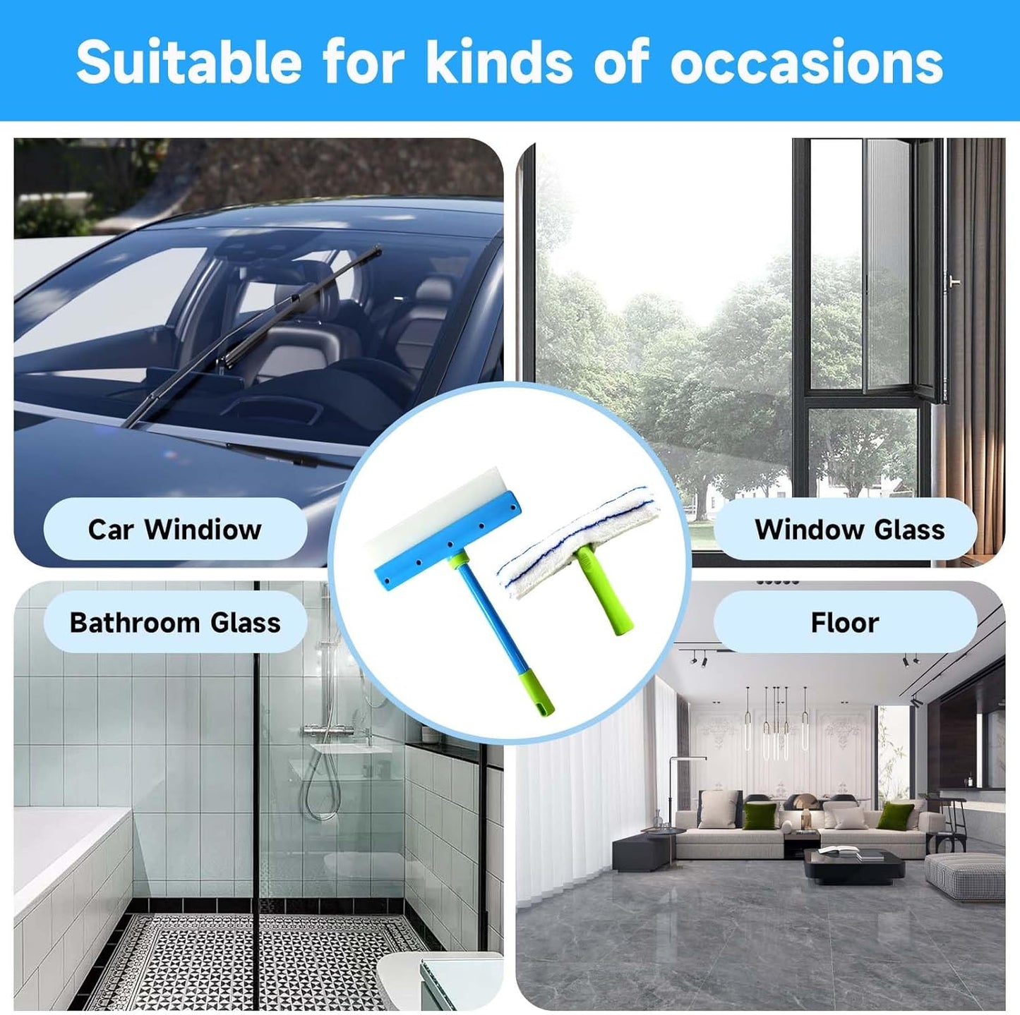 Recyclable Silicone Window Squeegee Kit – 3-in-1 Glass Cleaning Tool with Microfiber Scrubber for Windows, Shower, Mirrors, Doors & Cars (1 Set, Green)