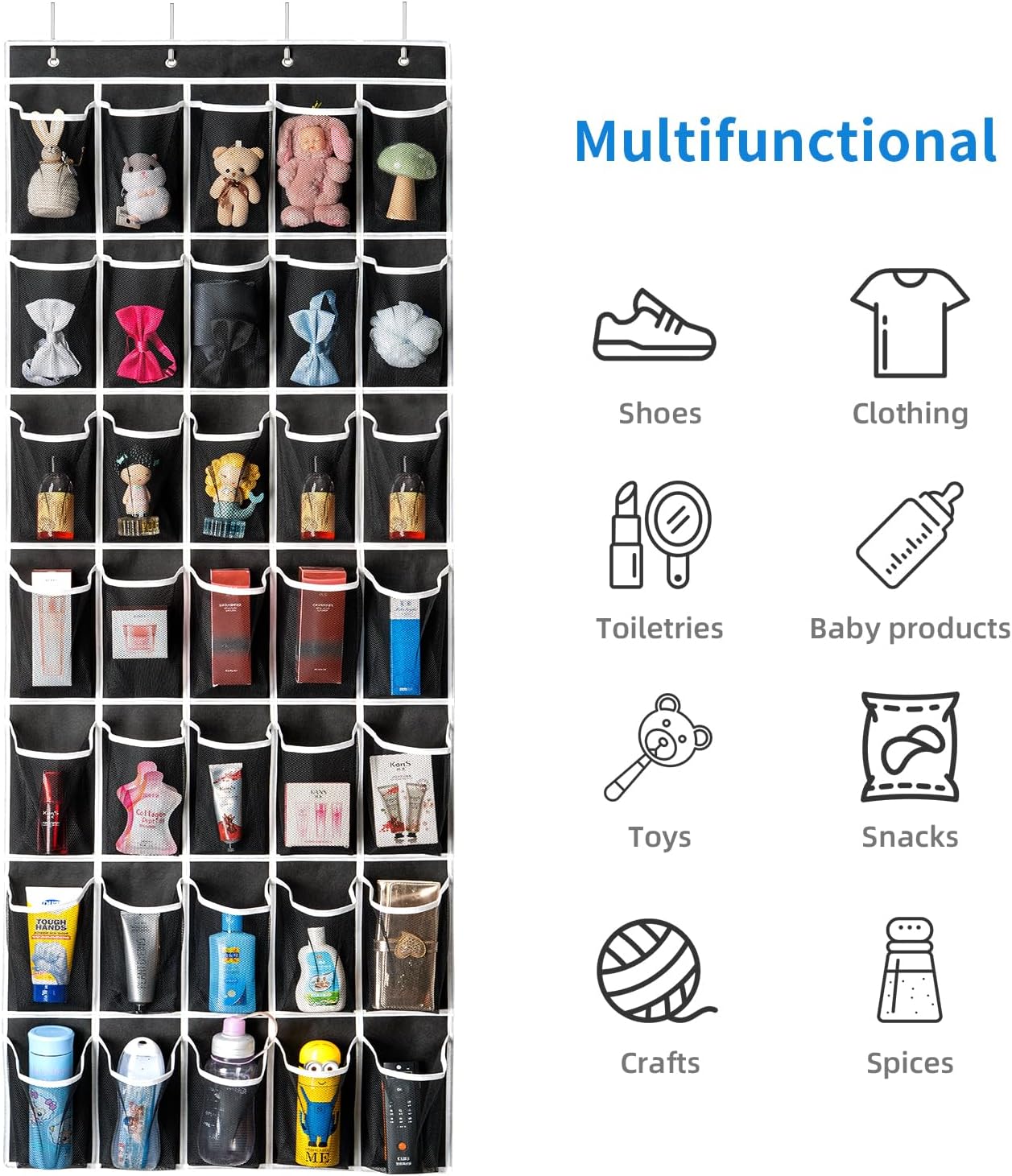 SAVERHO 35 Pockets Over the Door Shoe Organizer, Hanging Shoe Organizer for Door with 35 Mesh Pockets Large Capacity Shoe Hanging Storage Bag with 4 Metal Hooks (White-1Pack)
