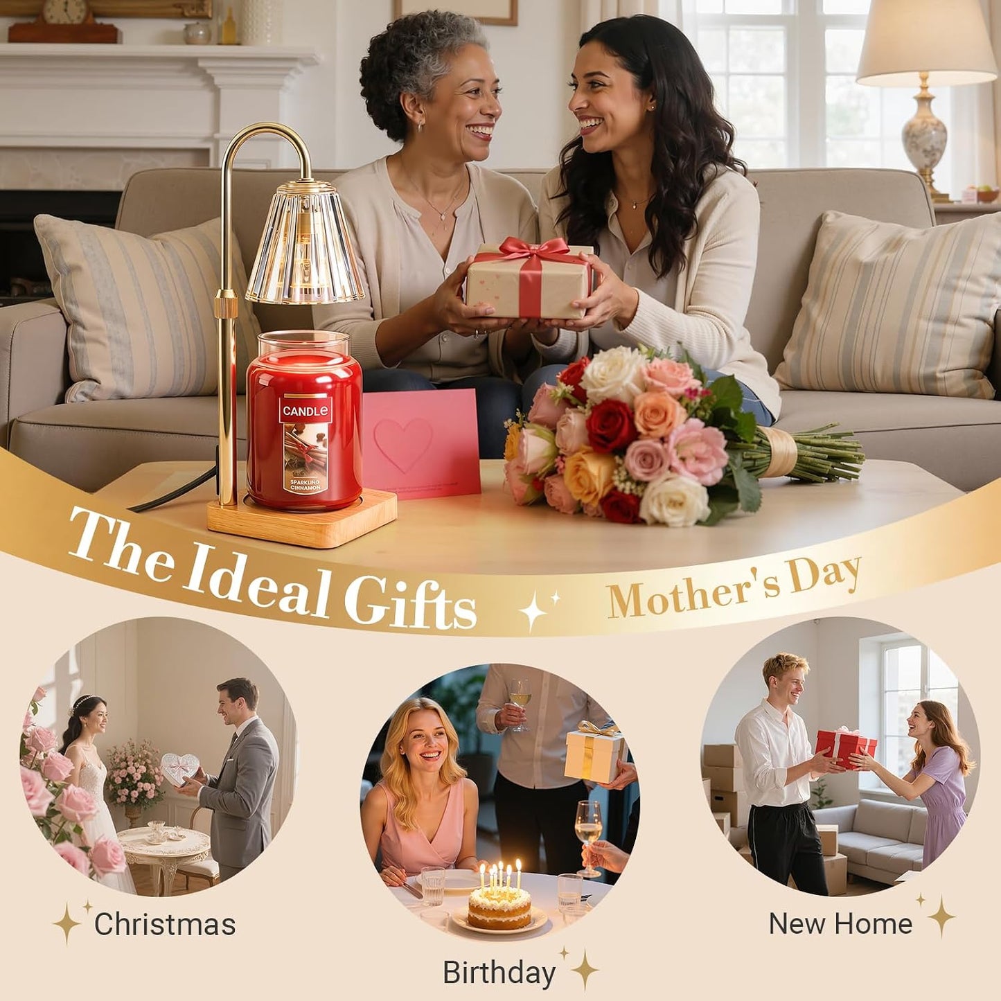Marycele Candle Warmer Lamp with Timer & Dimmer - Mothers Day Gifts for Women Mom Her, Aesthetic Office Home Decor, Adjustable Height Wax Melter for Candle Jar & 3-Wick Candles (2 Bulbs Included)