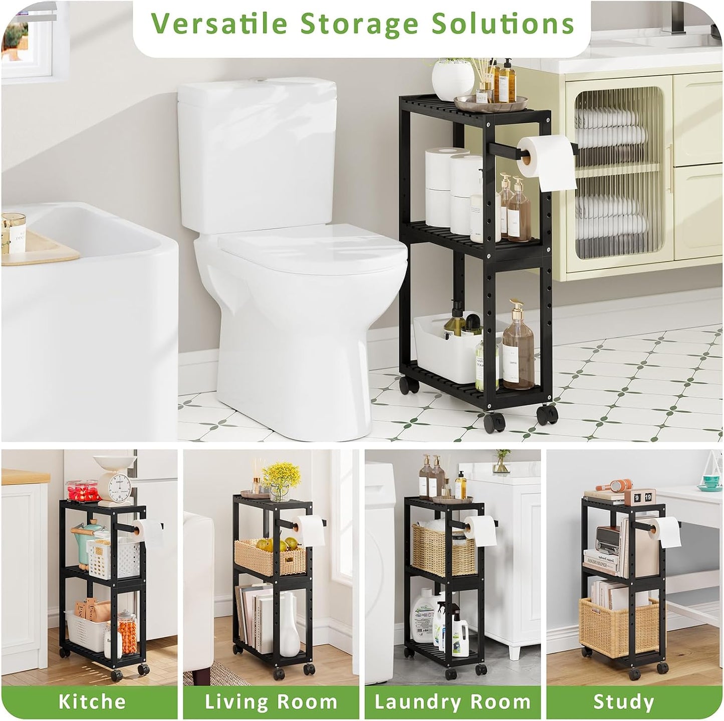 RRX Toilet Paper Holder with 3 Tier,16.14''Dx7.08''Wx28.35''H (Beige) | Small Bathroom Rolling Bamboo Mobile Storage Corner Shelf Cabinet for Narrow Spaces, Freestanding Slim Kitchen Organizer