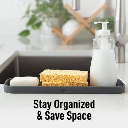 Zulay Kitchen (9x3.5in) Sponge Holder for Kitchen Sink - Flexible Heavy-Duty Multipurpose Sink Caddy - Counter Organizer for Kitchen, Bathroom, Makeup, Trinkets & More! (Grey)