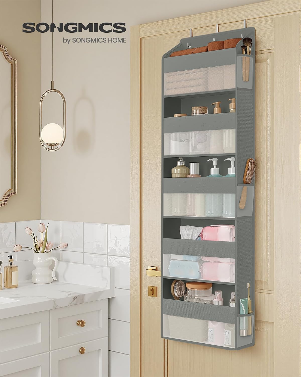 SONGMICS Over-the-Door Organizer, 5-Tier Door Hanging Storage Shelf, Heavy-Duty Closet Hanging Organizer Foldable, Transparent, Pockets, Metal Hooks, Ink Black URDH010BH01
