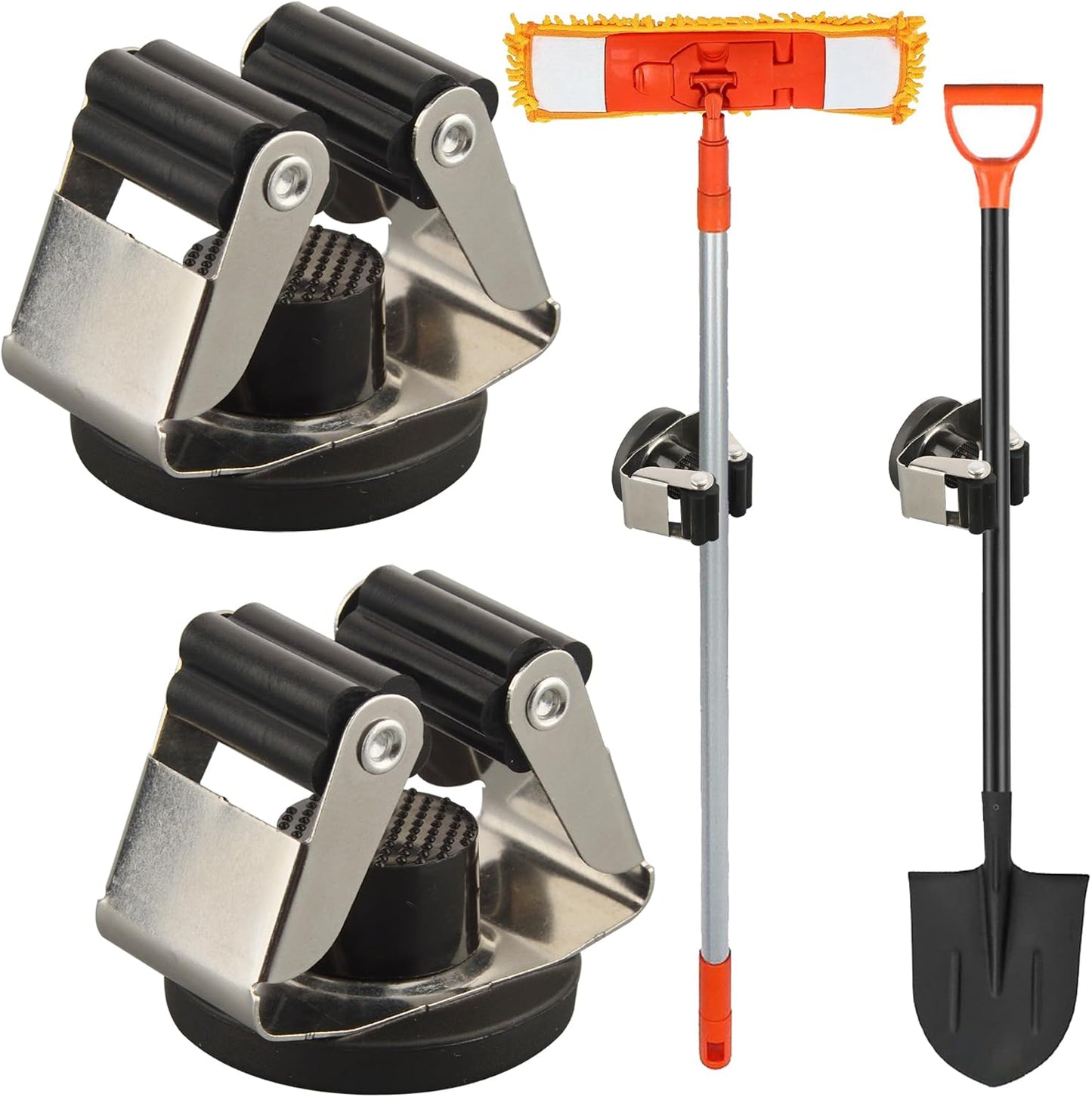 MUTUACTOR Heavy Duty Magnetic Broom Holder,Anti-slip Magnetic Tool Rack with Top Utility Shelf, Easy Assembly Broom Mop Organizer for Refrigerator Metal Cabinet Laundry Room Kitchen,3-Clamps 4-Hooks