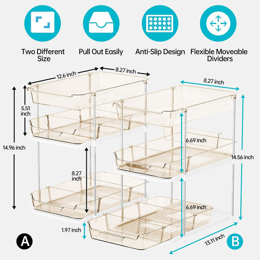 Delamu 2 Sets of 3-Tier Bathroom Under Sink Organizers and Storage, Multi-Purpose Stackable Pantry Organization and Storage, Pull Out Clear Kitchen Bathroom Cabinet Organizer with Movable Dividers | Storage