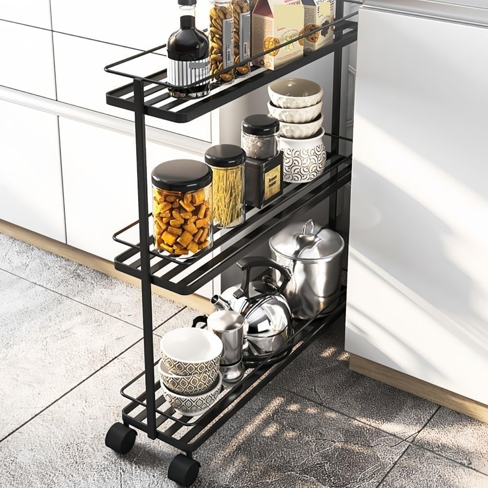 3-Tier Narrow Rolling Storage Cart Metal Utility Rack with Wheels Space-Saving Organizer for Bathroom Kitchen Laundry Room Long-Lasting(Gold)