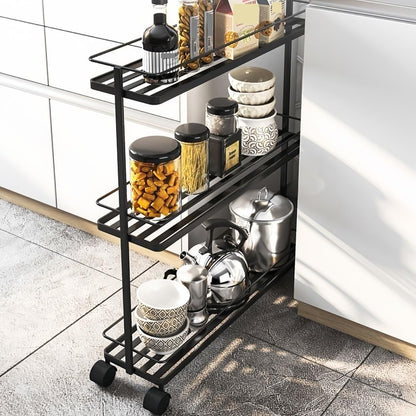 3-Tier Narrow Rolling Storage Cart Metal Utility Rack with Wheels Space-Saving Organizer for Bathroom Kitchen Laundry Room Long-Lasting(Gold)
