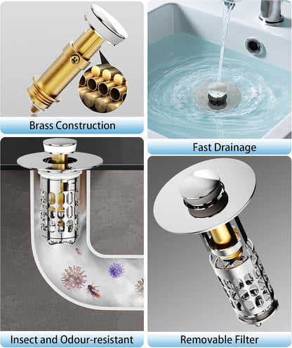 QYHNYJF Bathroom Sink Stopper with Hair Catcher – Universal Pop-Up Drain Strainer for 1.1–1.5 inch US Standard Sink Drain Holes, Anti-Clog Basin Stopper, Silver
