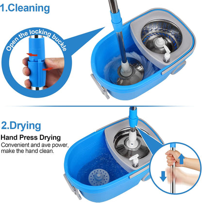 Spin Mop and Bucket with Wringer Set, 360° Spinning Mop Bucket System with 3 Microfiber Mop Replacement Heads and 50" Stainless Steel Adjustable Handle for Floor Cleaning