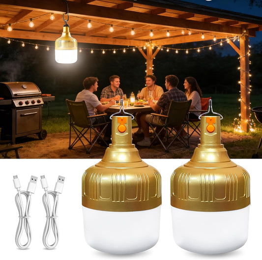 Lurinenna-2 Pack Outdoor Waterproof Rechargeable Light Bulbs,Super Bright LED Camping Bulb,IP65 Waterproof Emergency Light for Power Outage,Tent,Patio,Garage, Hurricane,USB Charging Portable Bulb