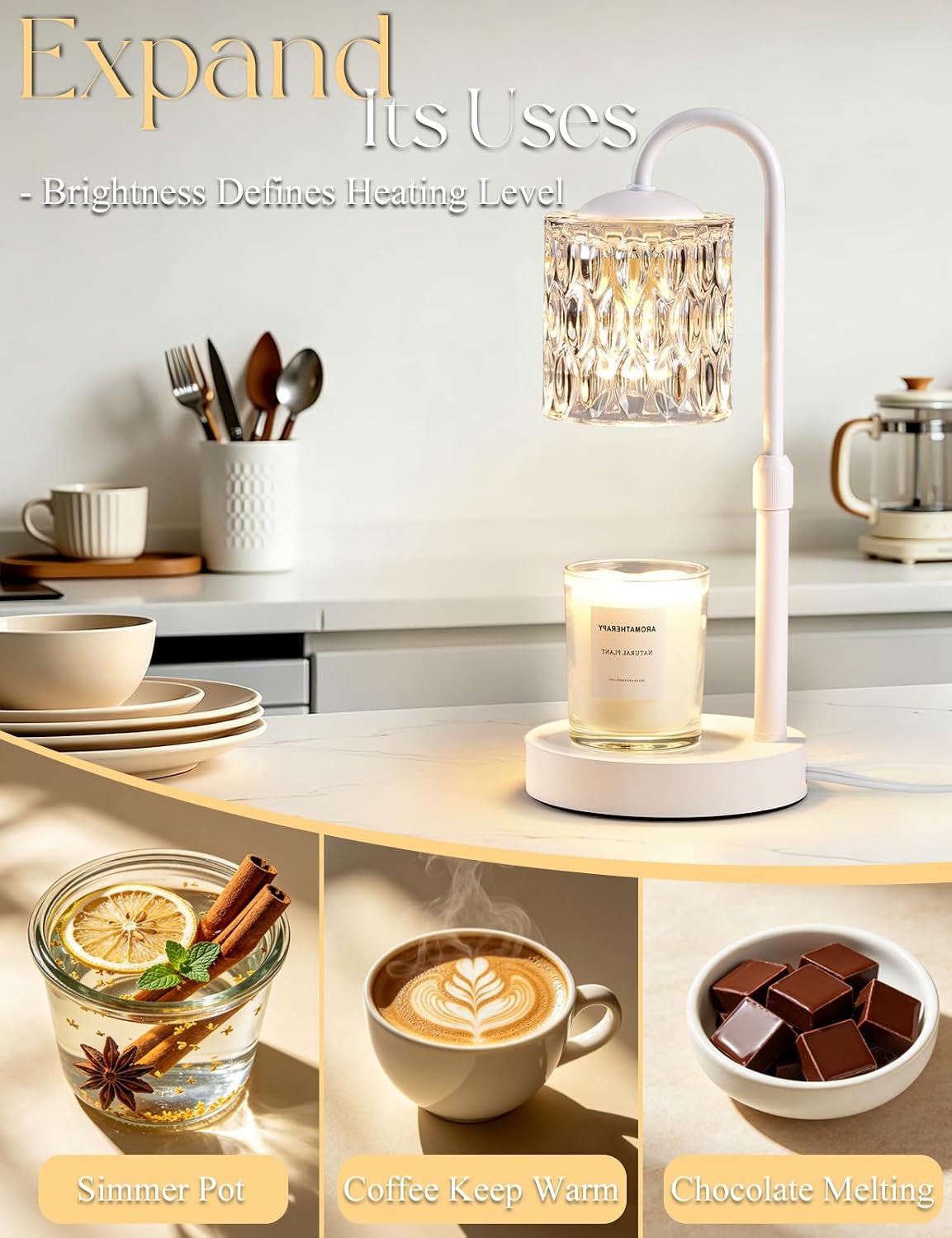 Briever Dimmable Candle Warmer Lamp with Timer, Height Adjustable Electric Candle Wax Warmer, Christmas Birthday Gifts for Women Mom, House Warming Gifts New Home Room Decor, Walnut Solid Wood Base
