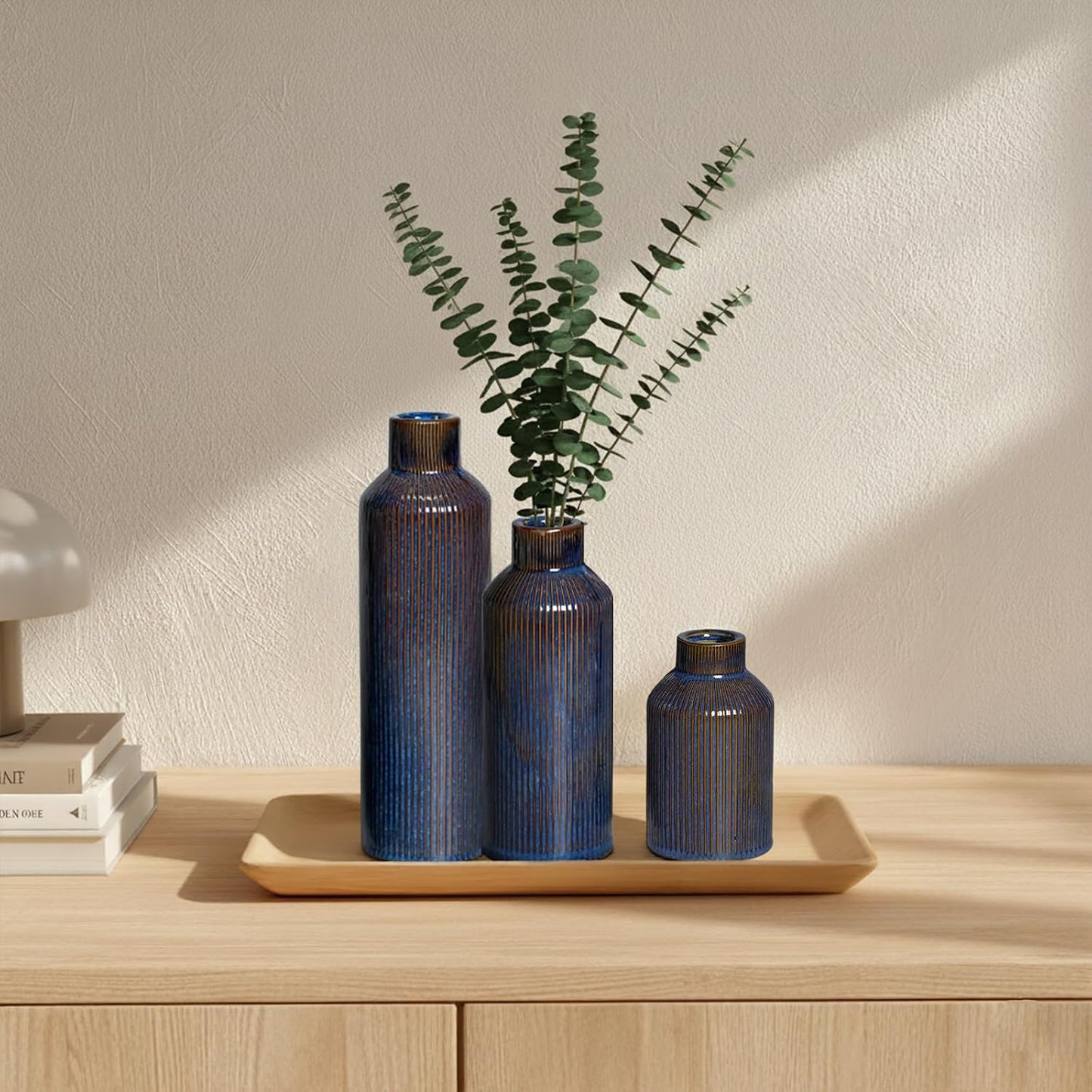Brown Ceramic Vase Set of 3 - Rustic Farmhouse Vases for Centerpieces Small Modern Decorative Vase for Flower Kitchen Bathroom Bedroom Living Room Shelf Home Decor