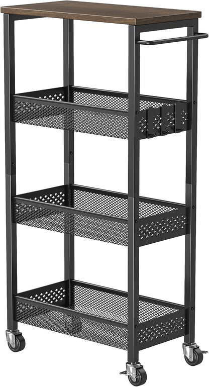 XYZLVSI Slim Storage Cart 4 Tier Narrow Kitchen Rolling Cart on Wheels for Small Space, Mobile Utility Cart Shelving Unit with Wooden Top and Metal Handle for Kitchen, Bathroom, Laundry Room