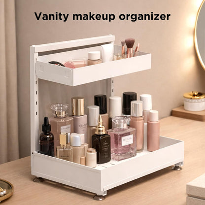 Under Sink Organizer Bathroom Kitchen: 2 Pack 2 Tier Metal Under Cabinet Storage with Height-adjustable Shelf and Pull out Rack for Pantry Vanity Cupboard Counter Countertop, White