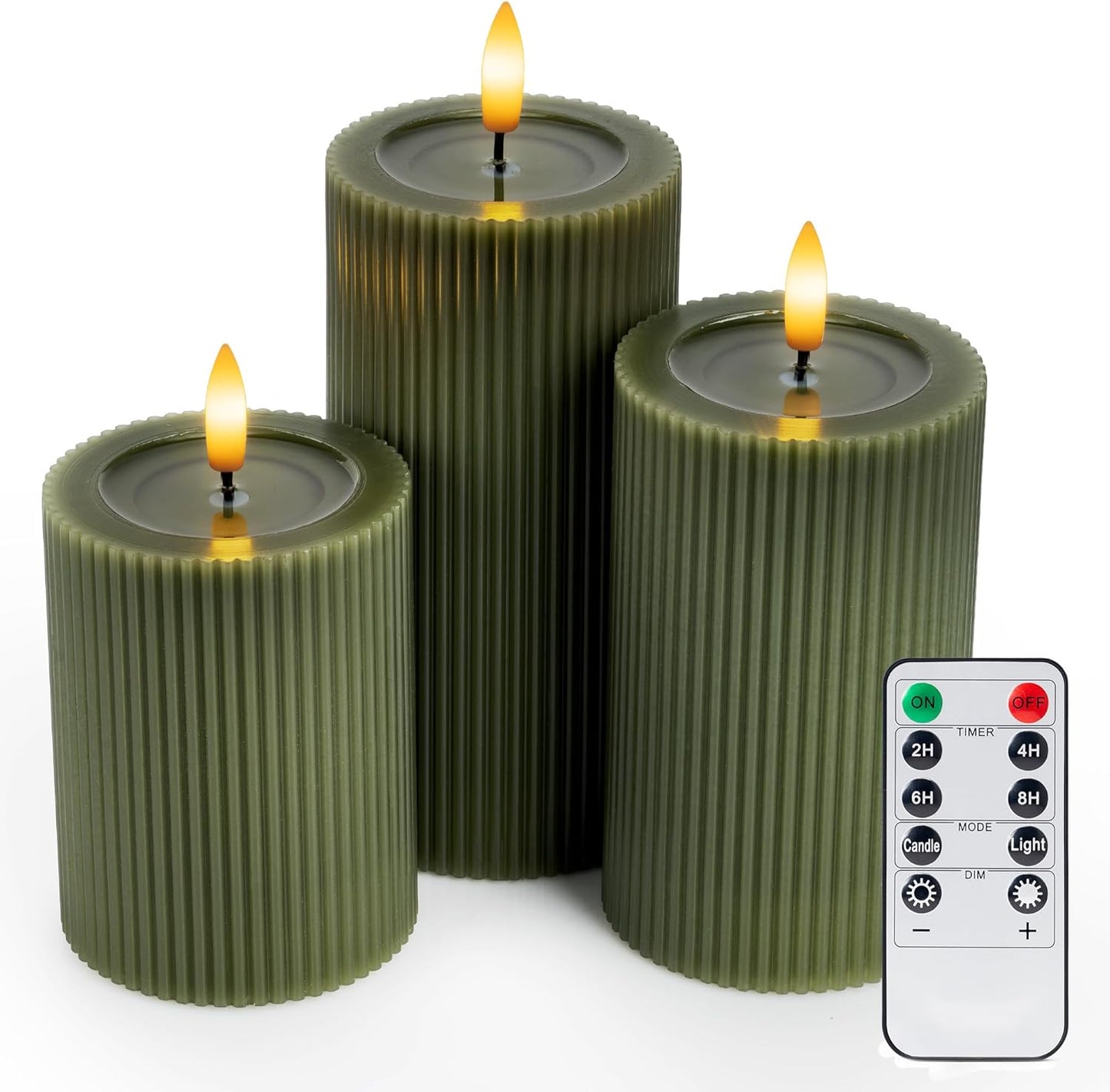 Fluted Ribbed LED Pillar Candles, Cream Beige, with Realistic Reflective Melted-Wax Effect – Flickering Flame, Remote, Dimmable, Flameless, Battery Operated, Home & Wedding Decor (Set of 3)