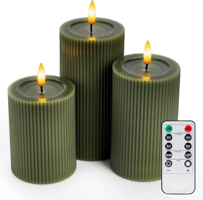 Fluted Ribbed LED Pillar Candles, Cream Beige, with Realistic Reflective Melted-Wax Effect – Flickering Flame, Remote, Dimmable, Flameless, Battery Operated, Home & Wedding Decor (Set of 3)