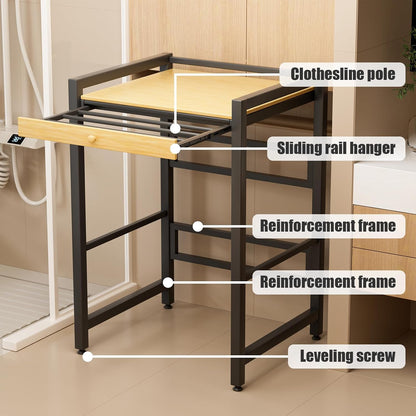 Over The Washer Storage Shelf with Hanging Rail, 200KG Load Bearing Organizer Rack for Laundry Room, Freestanding Bathroom Shelf with Dense Board, Carbon Steel Frame, Space Saver (Black)