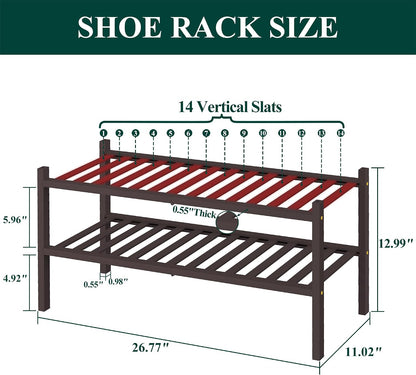 Smiry Bamboo Shoe Rack for Closet, 3 Tier Wooden Shoe Organizer, Stackable Wood Shoe Storage Shelf for Entryway, 14 Vertical Slats, One-piece Heavy-Duty Legs, 26.77"x11.02"x18.31", Natural