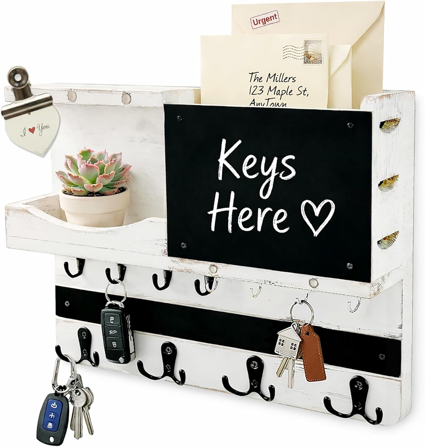 Key Holder for Wall Mount with Shelf and Mail Organizer, Key and Mail Holder with 16 Hooks, Farmhouse Entryway Organizer, Home Decor Rack (Pine Wood, Black)