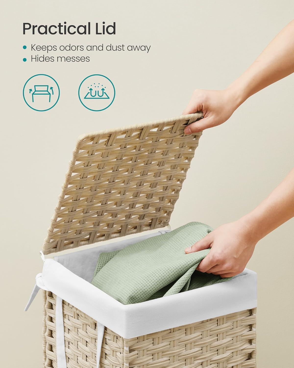 SONGMICS Laundry Hamper with Lid, 23.8 Gallon (90 L) Synthetic Rattan Clothes Laundry Basket with Lid and Handles, Foldable, Removable Liner, Chestnut Brown ULCB051K02