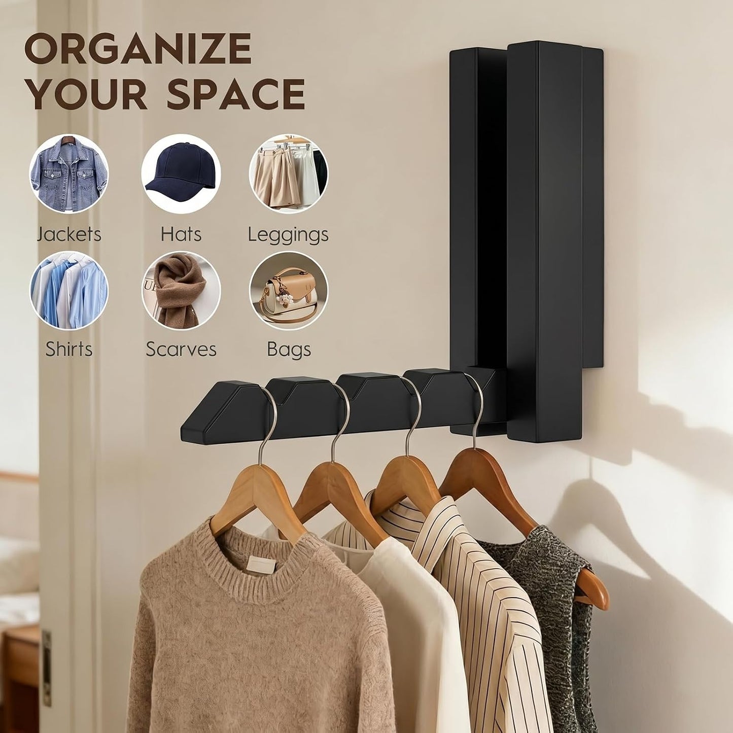 2 Pack Clothes Drying Rack Wall Mounted,Space Saver Wood Wall Mounted Folding Clothes Hanger Rack for Laundry Room,Bathrooms,Closet Storage Organization,Easy to Install