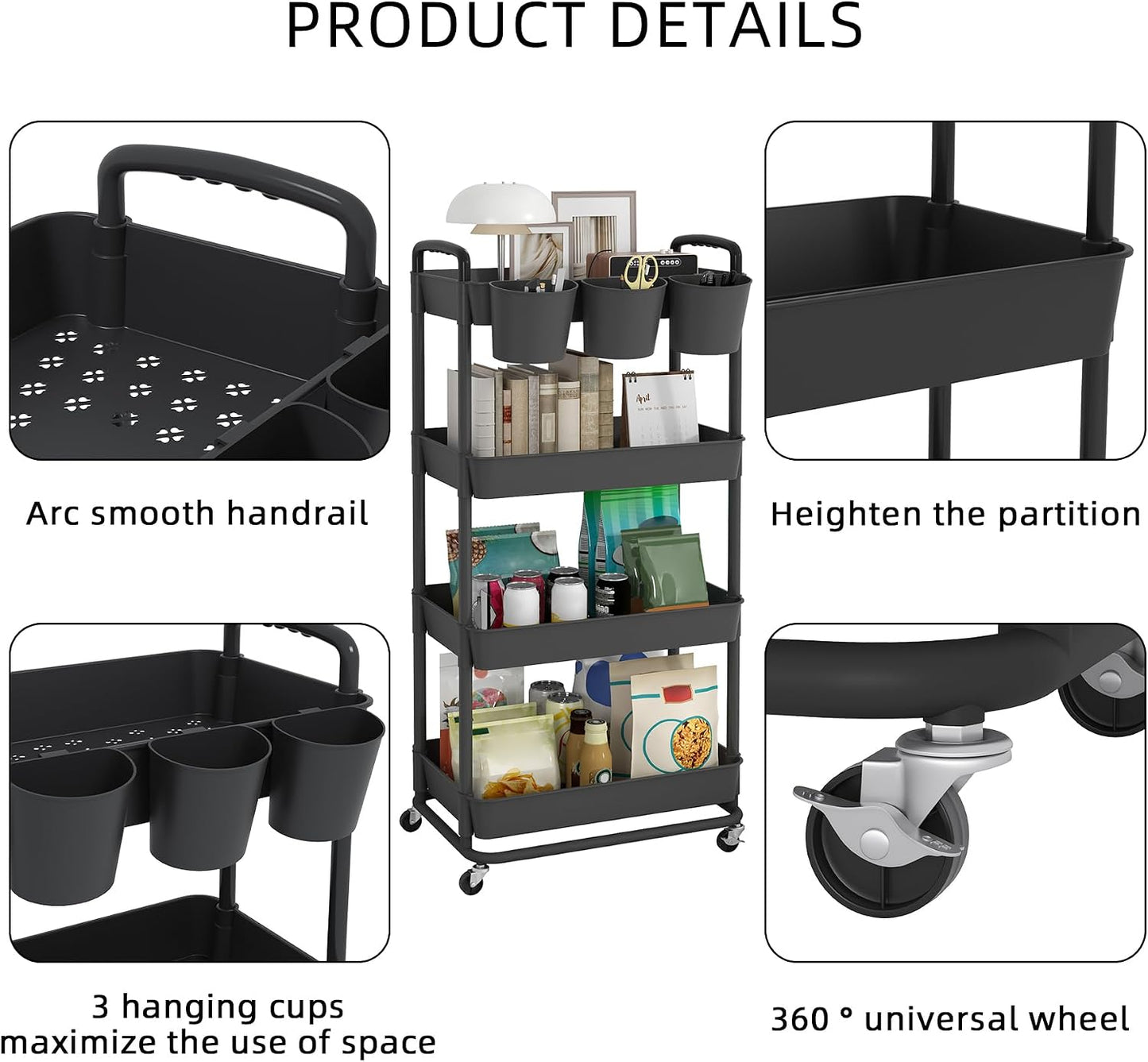 JIUYOTREE 4-Tier Plastic Rolling Storage Cart Utility Cart with Extra Hanging Cups Handles Lockable Wheels for Living Room Bathroom Kitchen Office White