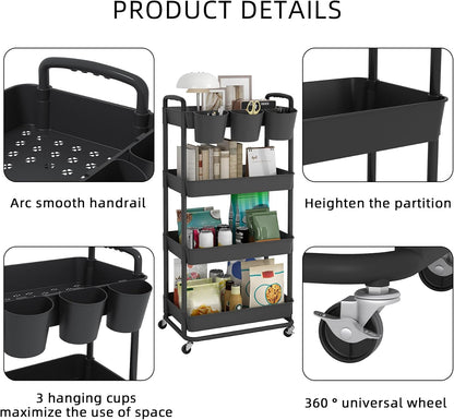 JIUYOTREE 4-Tier Plastic Rolling Storage Cart Utility Cart with Extra Hanging Cups Handles Lockable Wheels for Living Room Bathroom Kitchen Office White