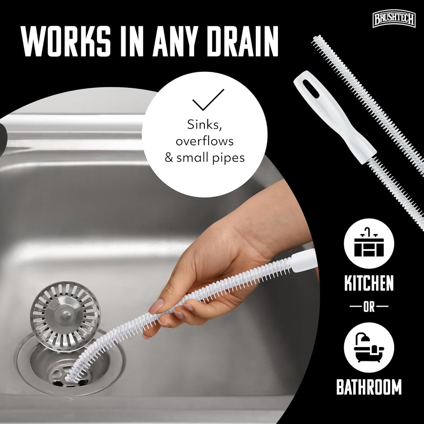 Brushtech Sink Drain & Overflow Cleaning Brush - Thin & Flexible Drain Cleaning Gadget for Clogs, Hair, & Debris - Long Pipe Cleaning Brush for Kitchen & Bathroom Sink Maintenance - Made in USA