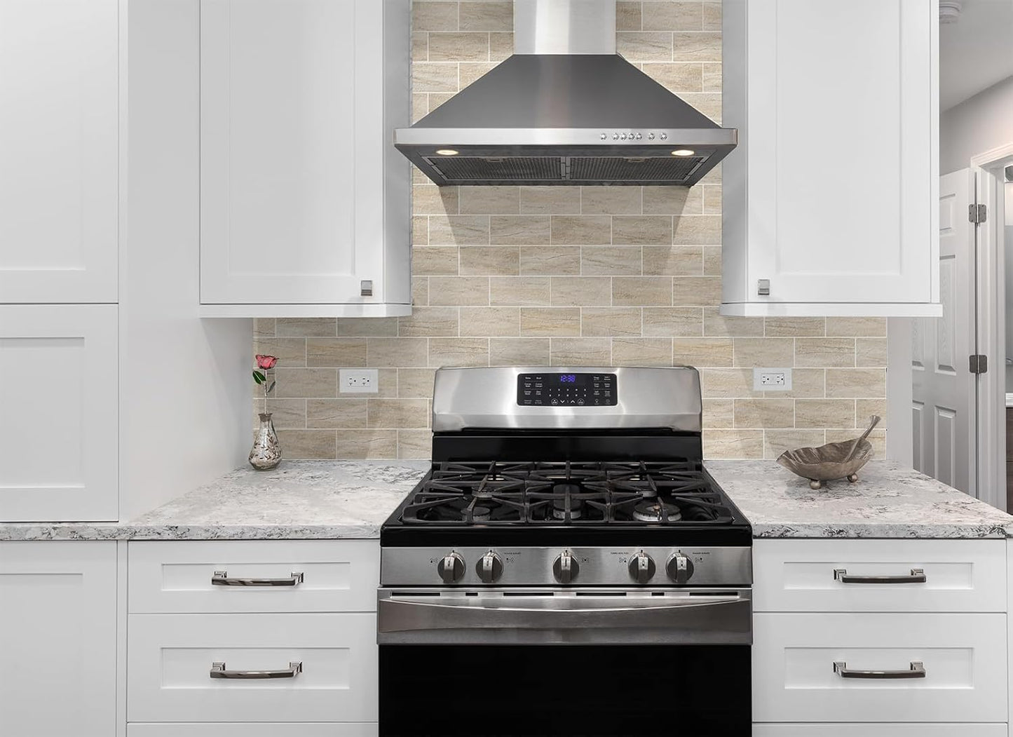 StyloVue 100 Pieces Peel and Stick Backsplash for Kitchen, 3" x 6" PVC Subway Tile, Glossy White with Dark Gray Grout, Self Adhesive Stick on Wall Tiles for Kitchen, Bathroom, Fireplace, RV