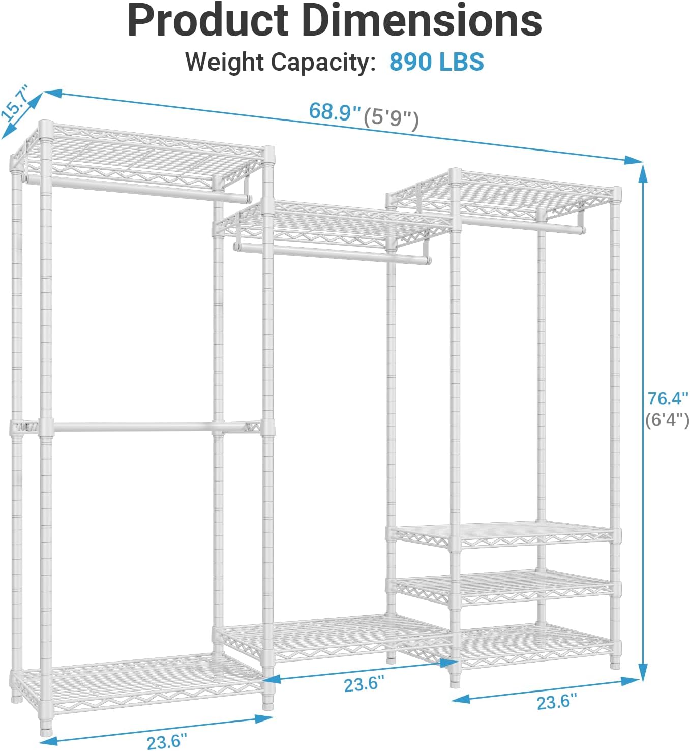 VIPEK V5 Heavy Duty Clothes Rack, Portable Closet Wardrobe with 4 Hanging Rods & 8 Shelves, Freestanding Adjustable Garment Rack for Bedroom, Walk-in Closet, 890 lbs Capacity, Black, 68.9" L