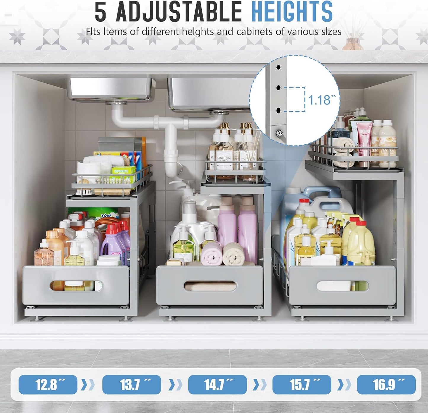 Under Sink Organizer Upgrade To Professional Rails,2-Tier Dual Pull Out Cabinet Storage,Height Adjustable Slide Out Drawers For Bathroom Kitchen,2 Pack-14.5" Dx12.8-16.9" H,White