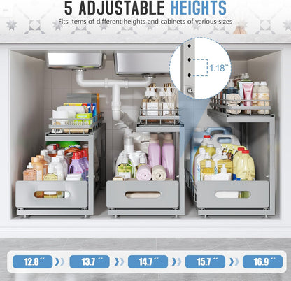 Under Sink Organizer Upgrade To Professional Rails,2-Tier Dual Pull Out Cabinet Storage,Height Adjustable Slide Out Drawers For Bathroom Kitchen,2 Pack-14.5" Dx12.8-16.9" H,White