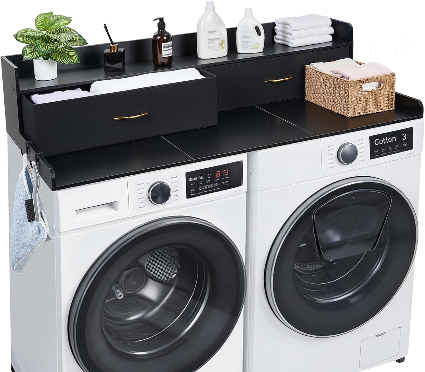 VEVOR Washer Dryer Countertop with 2-Tier Shelf, 54" x 27" Wooden Washer and Dryer Countertop with Anti-Slip Pads, Water-Resistant Laundry Topper Cover for Laundry Room Organization and Storage, Black