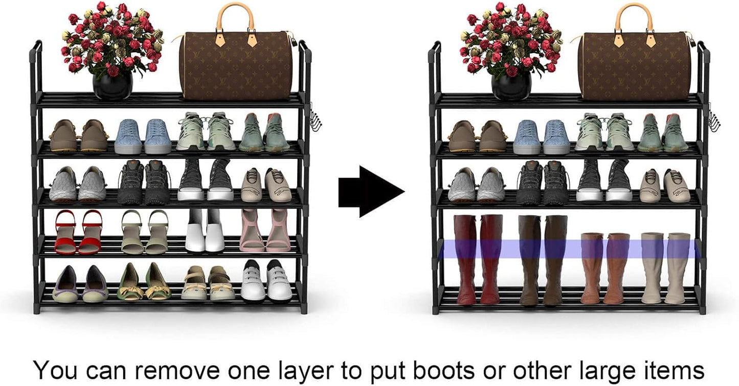 Hsscblet 5 Tiers Metal Shoe Rack,Adjustable Shoe Shelf Storage Organizer with Hooks,Stackable Boot & Shoe Storage,for Entryway,Hallway,Closet,Black