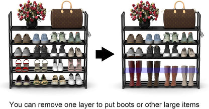Hsscblet 5 Tiers Metal Shoe Rack,Adjustable Shoe Shelf Storage Organizer with Hooks,Stackable Boot & Shoe Storage,for Entryway,Hallway,Closet,Black