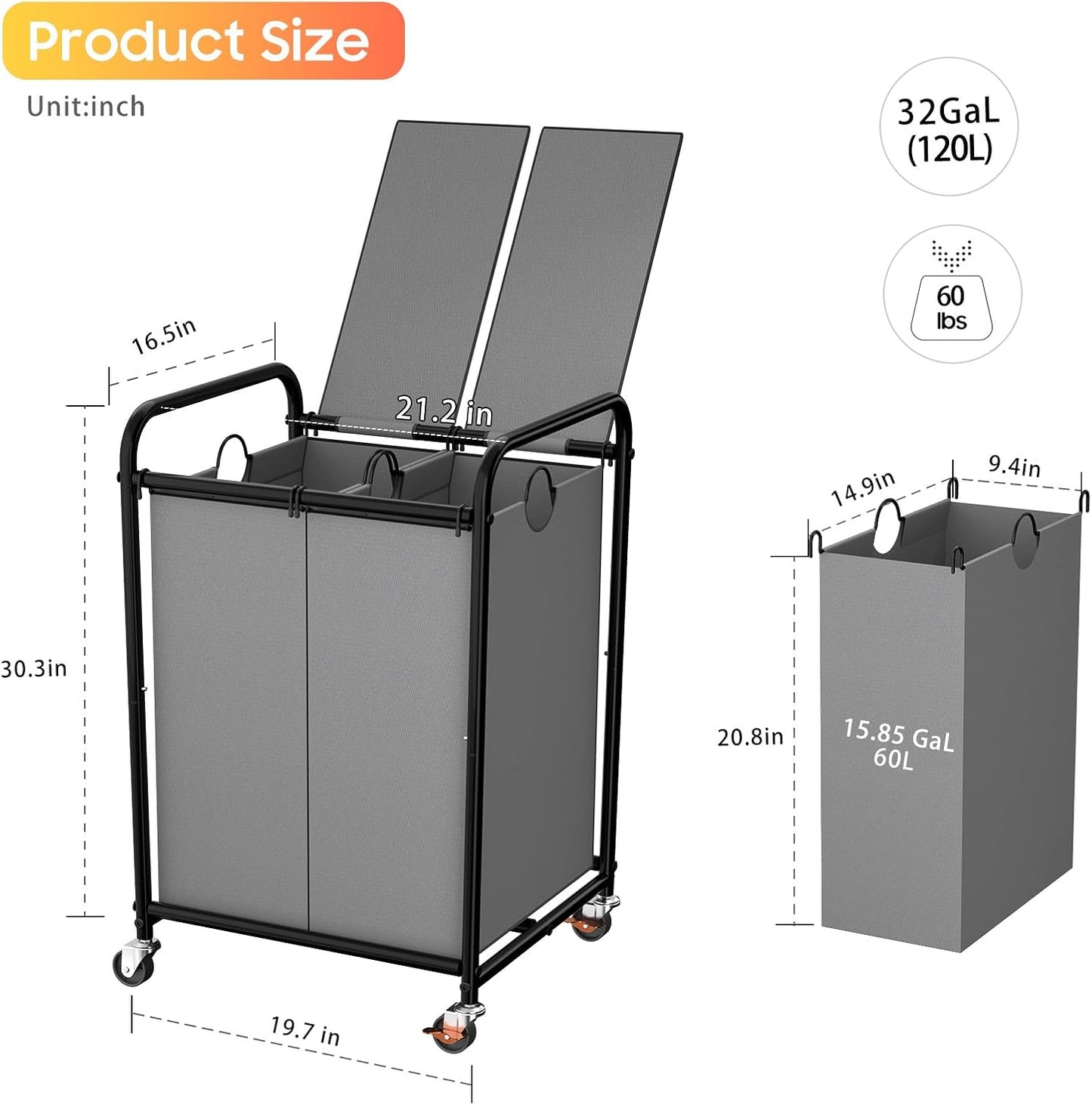 180L (47.55 Gal) Laundry Sorter 3 Section, Rolling Laundry Basket with Lockable Wheels and Lid, Laundry Hamper with 3 Separated Removable Bags Dirty Clothes Hamper for Laundry Room Organizer, Black