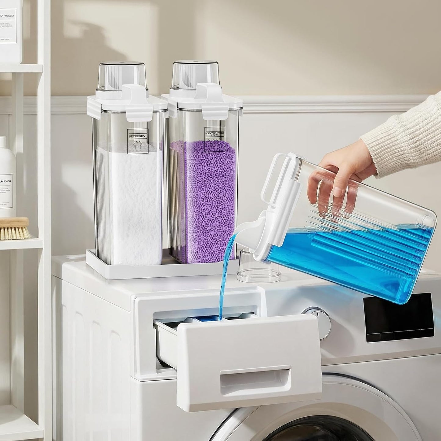 Laundry Detergent Dispenser for Laundry Room,94oz Fabric Softener Dispenser,Liquid Laundry Detergent Container,Laundry Detergent Organizer for Laundry Room Organization with 6 Labels,2 Pack