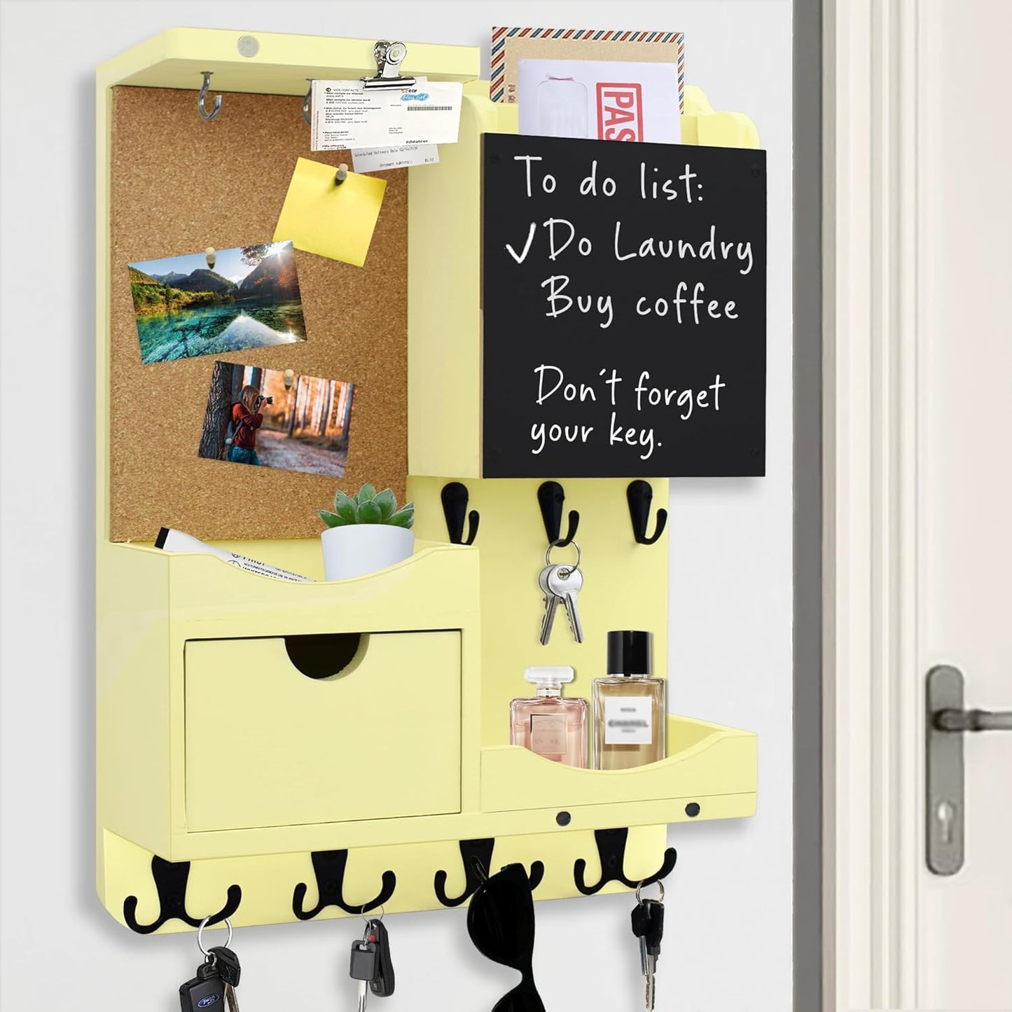 Key Holder for Wall Mount with Shelf and Mail Organizer, Key and Mail Holder with 16 Hooks, Farmhouse Entryway Organizer, Home Decor Rack (Pine Wood, Black)
