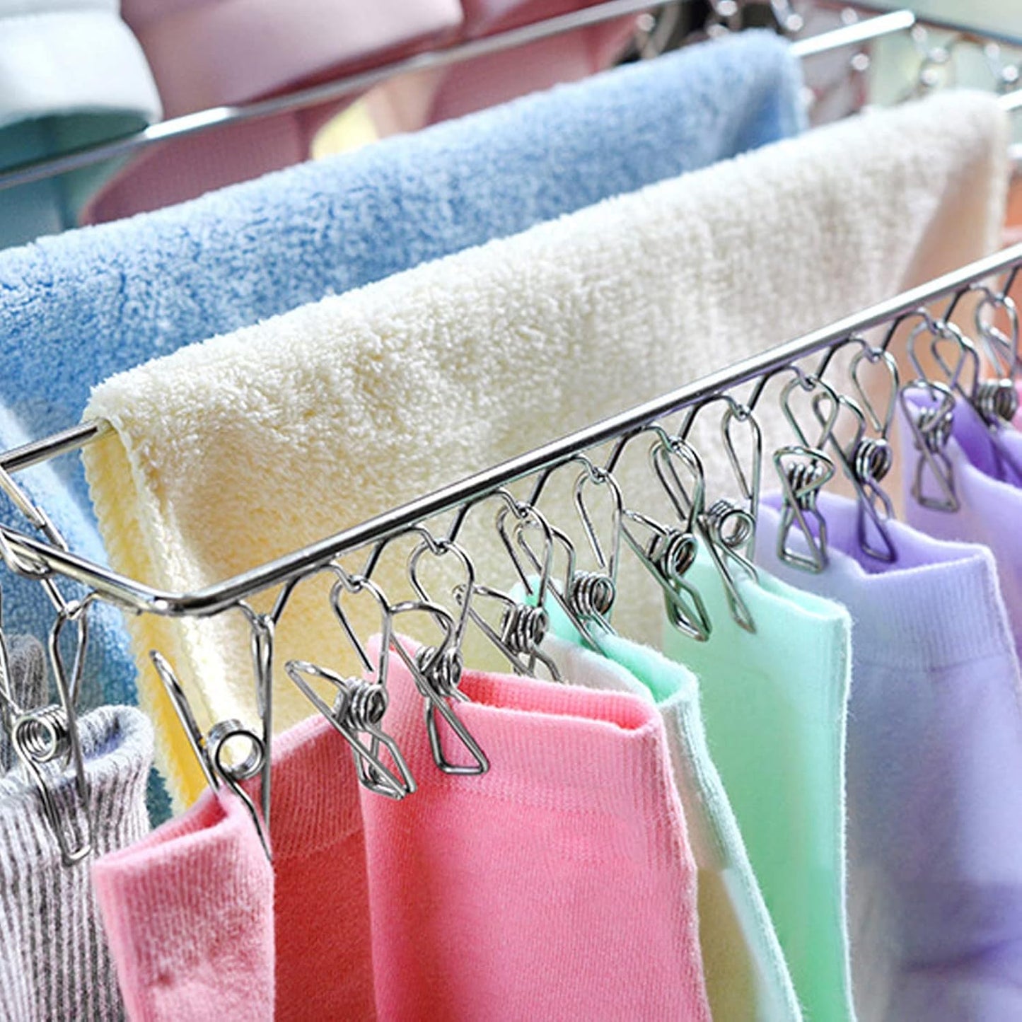 Stainless Steel Sock Drying Rack,Multifunctional Laundry Drying Rack Hanging Drying Rack Swivel Hook Wind Proof Clothes Hanger Rack with Clips for Hanging Clothes Towels Socks (Without Clip 40cm)
