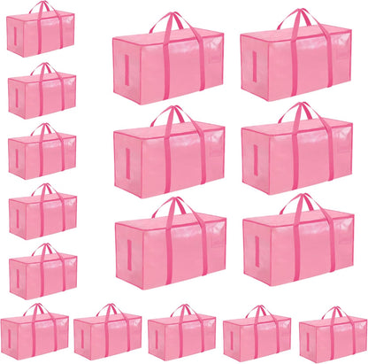 8 Pack-Extra Large Heavy Duty Moving Bags - Waterproof Storage Totes with Handles & Zippers, Foldable for College Dorm, Storage (Clear)