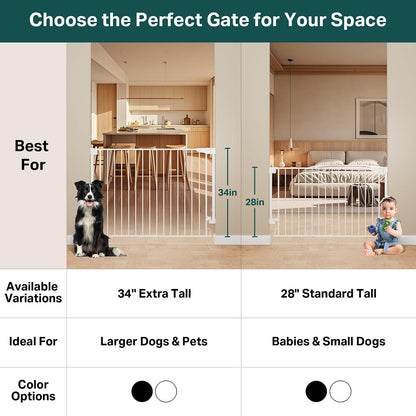 Cumbor 29.2–43" Baby Gate for Stairs, Hardware Mounted (Drill Required), Expandable No Bottom Bar Dog Gate, Auto Close Extra Wide Walk Thru, Pet & Toddler Proof Gate, Top & Bottom of Stairways (White)