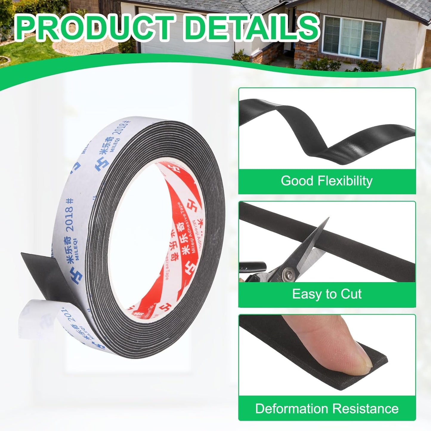 PATIKIL Sponge Rubber Foam Tape, 5/8" W x 1/8" t x 16.4ft l Self-Adhesive Foam Insulation Tape Weather Stripping for Window Door Soundproofing Weatherstrip AC Seal Strip, Black