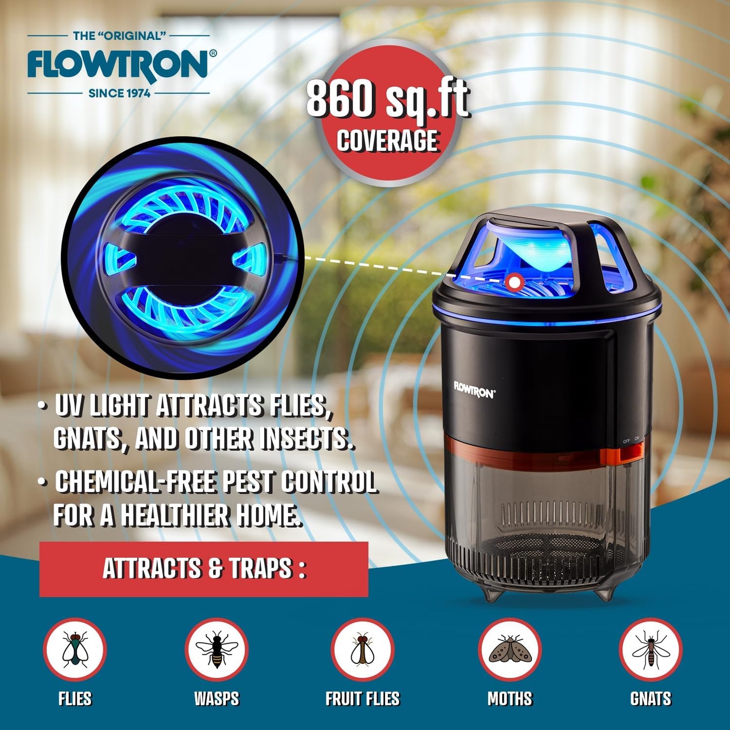 Flowtron Indoor Bug Trap | UV Light Mosquito Trap with Fan, 860 Sq Ft Coverage, USB-C Powered Insect Catcher for Kitchen, Bedroom, Restaurant | Quiet Fly Trap for Indoor Use