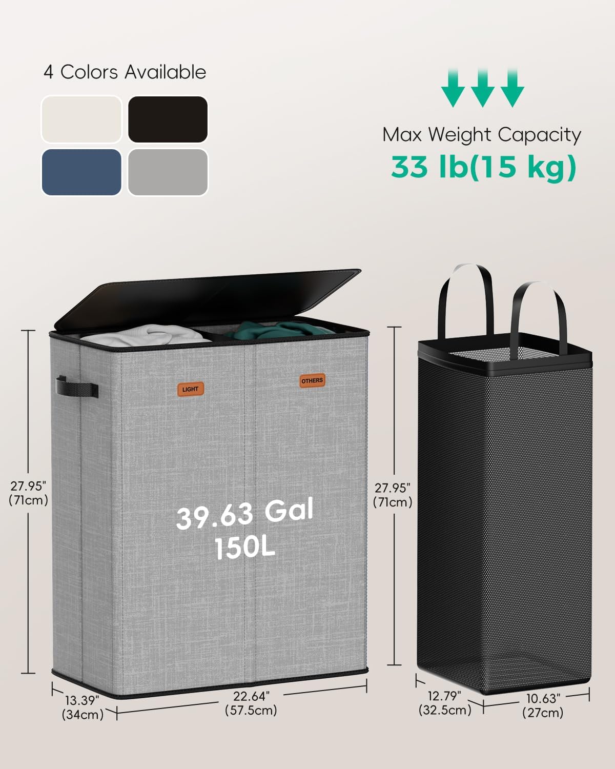 150L 2-Section Laundry Hamper with Lid – Removable Bag, Double Compartment Clothes Hamper for Bathroom, Bedroom, Dorm & Laundry Room